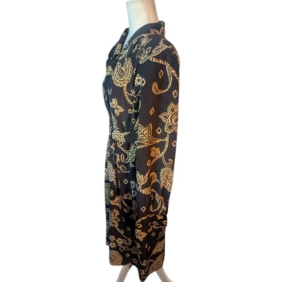 vtg 100% Silk Dress Black/ Gold Paisley Scroll self Belt Button Front Dress Sz 4 - Picture 4 of 10
